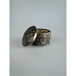 Antique Trinket Box - Silver Repousse Pill Box with Floral Design - 19 Grams